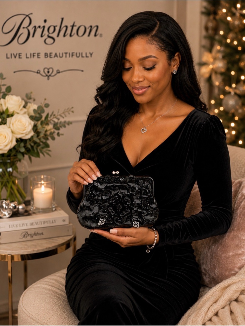 Brighton Black Patent Rosette Clutch Wallet